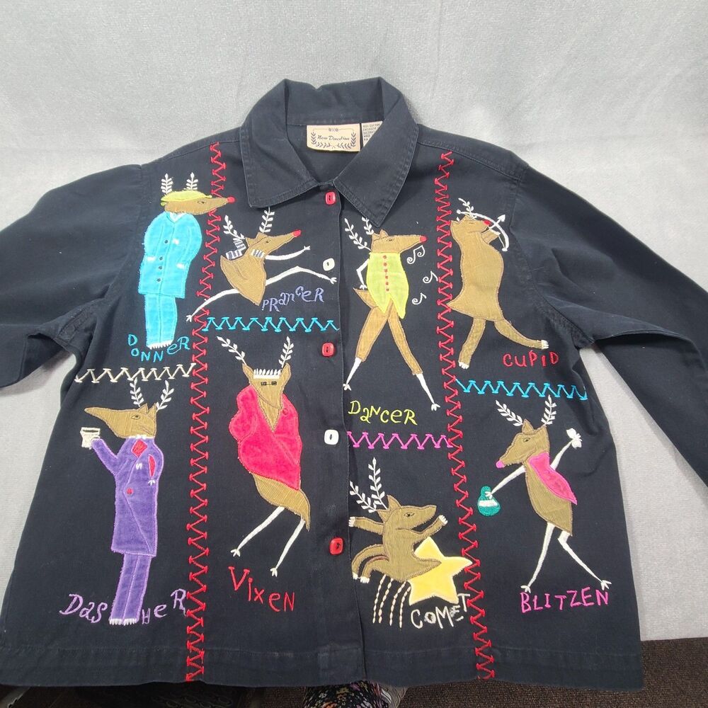 Christmas Shacket Size L Women New Direction Embroidered Reindeer Black Button